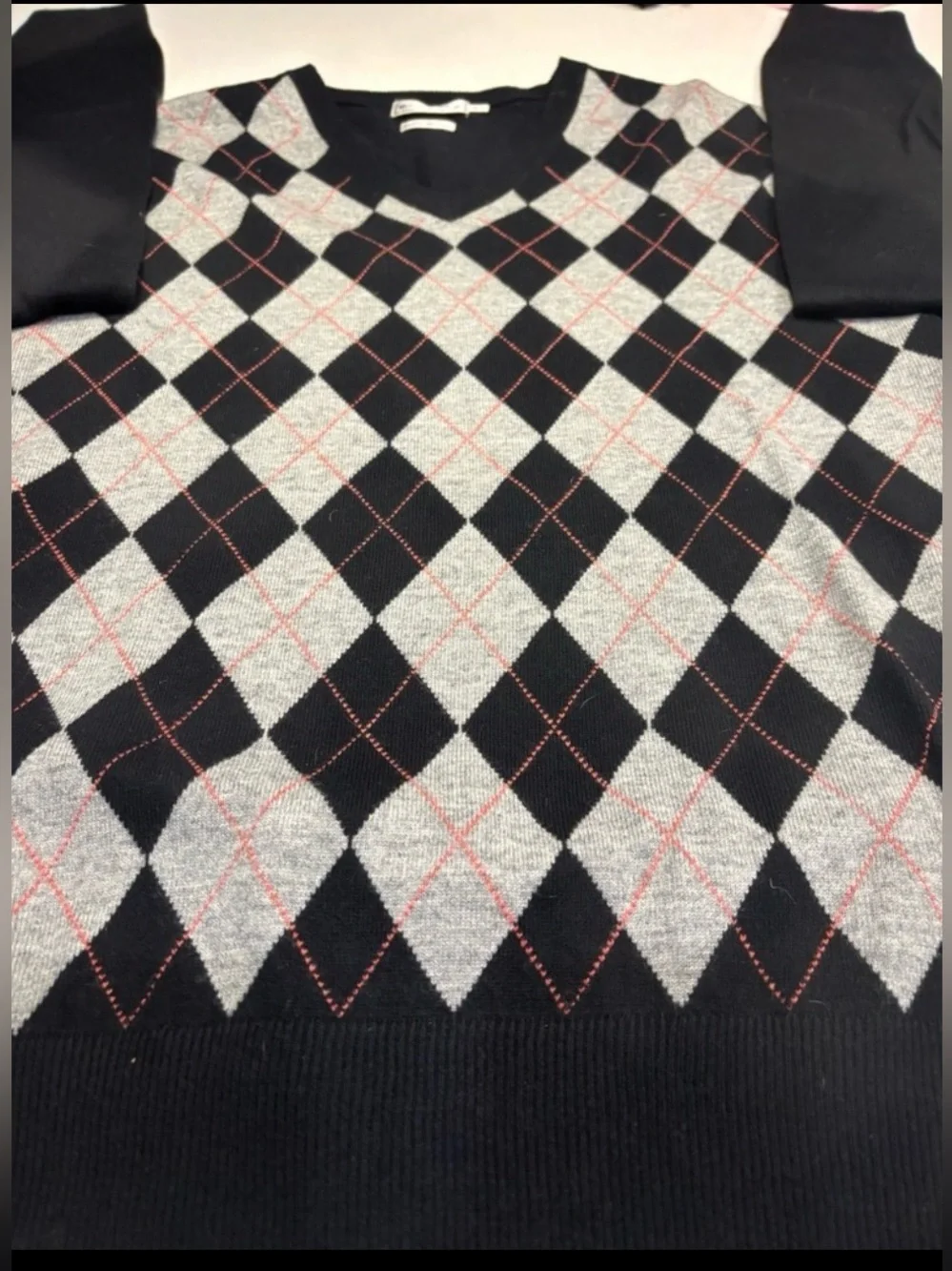 Peter Millar Luxe Blend Wool Cashmere Argyle V-Neck Sweater XL Black Gray Red